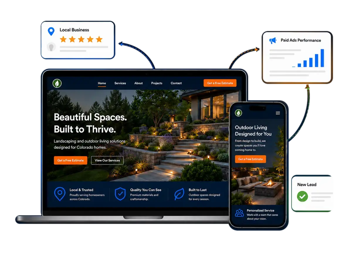 Laptop and phone showing a small-business website with local visibility, advertising performance, and new lead cards