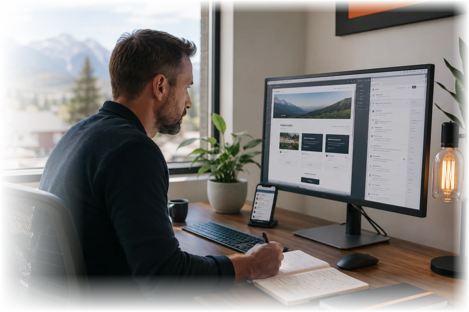 Web designer working in a modern Colorado studio on a small-business website and lead follow-up system