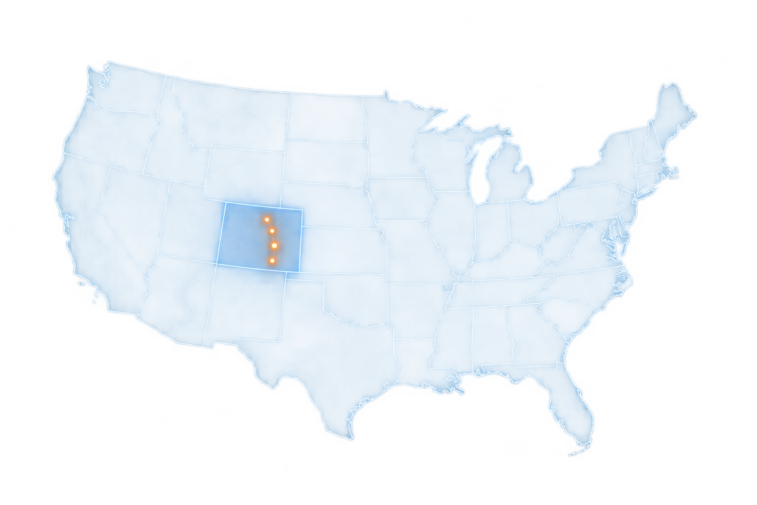 United States service area map with Colorado highlighted and Front Range location markers