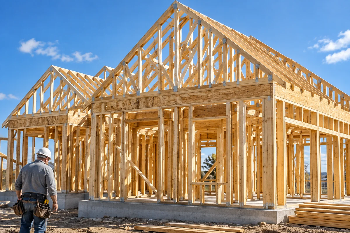 Contractor standing beside a timber house under construction